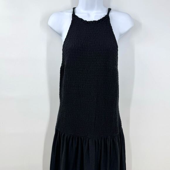 Free People Beach Spell on You Drop Waist Maxi Dress L Black Smocked High Neck - Picture 3 of 9